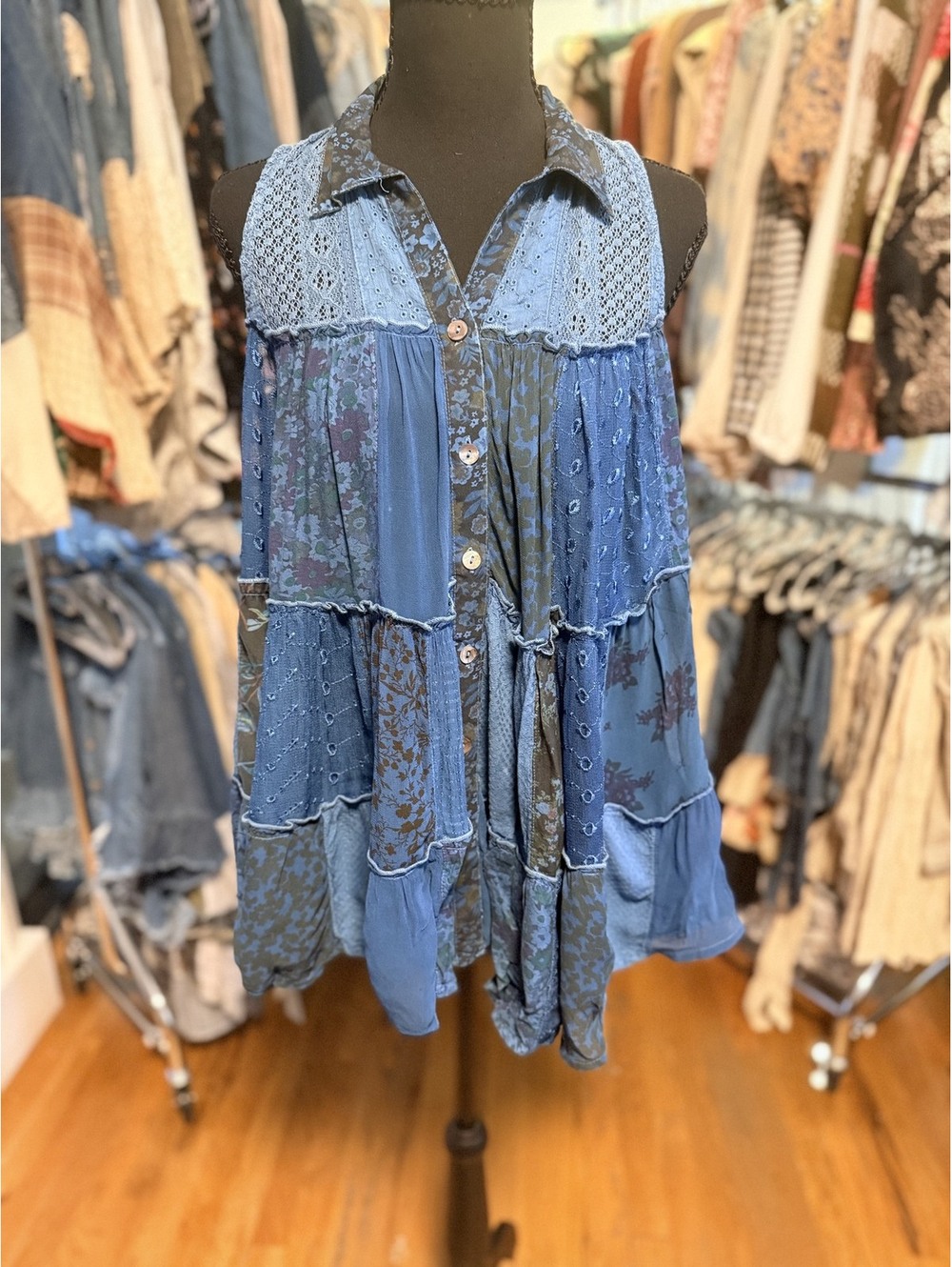 YOUNG THREADS Patchwork Lace Insert Button-Down Top Indigo NWT M
